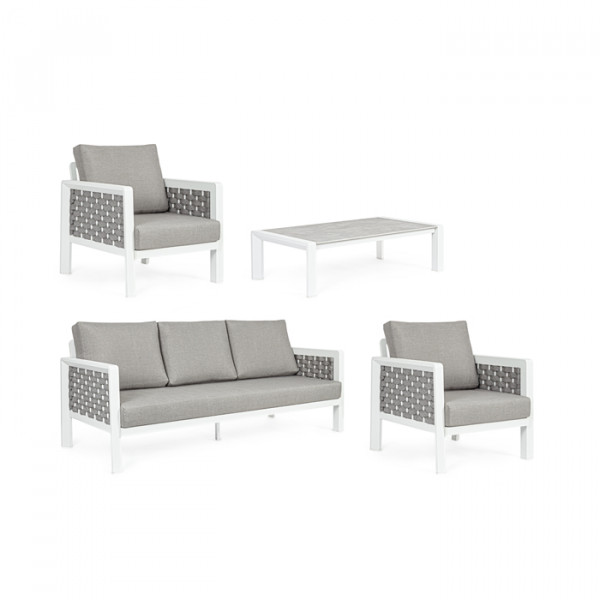 Conjunto Octavio  sofá + 2 sillones + mesa, color blanco